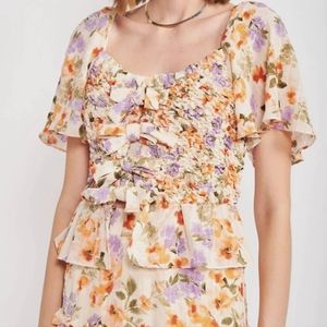 En Saison Sybil Ruffle Smocked Blouse Floral Bows Size L